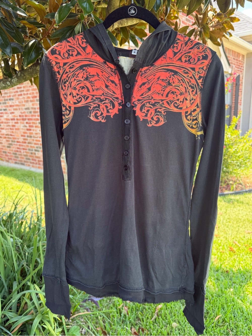 For Love & Liberty Hooded Henley Top Sz S Eagle Graphic Y2K Boho